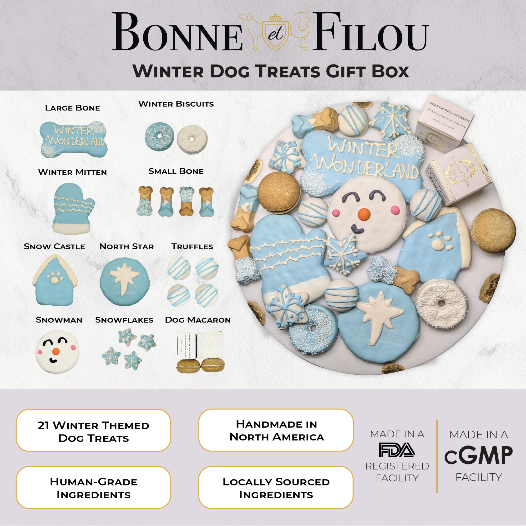 Winter Themed Dog Treats Gift Box Snowflake and Snowman Assortment