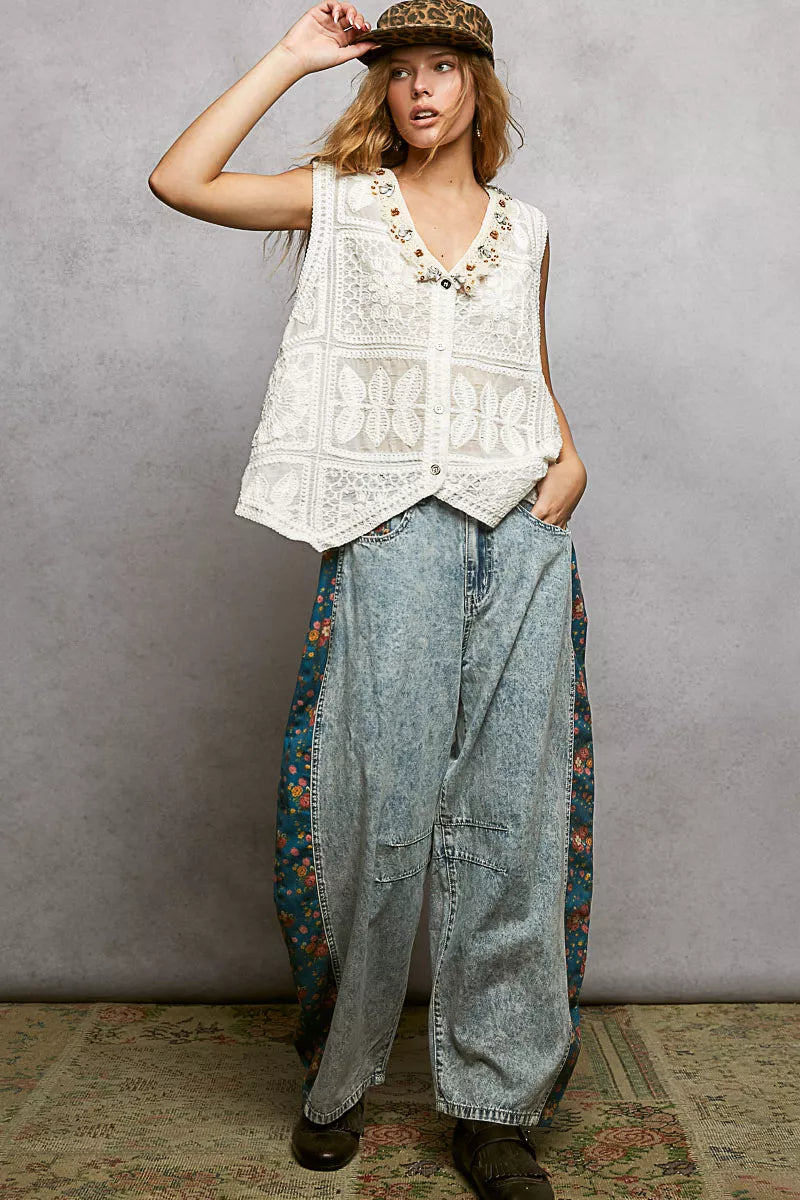 Embroidered Floral Crochet V-Neck Vest with Lace Trim