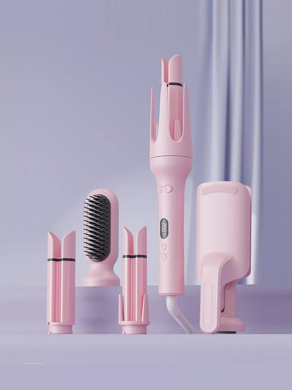 Pink 5-in-1 Ceramic Hair Curling Iron with Negative Ion Tech