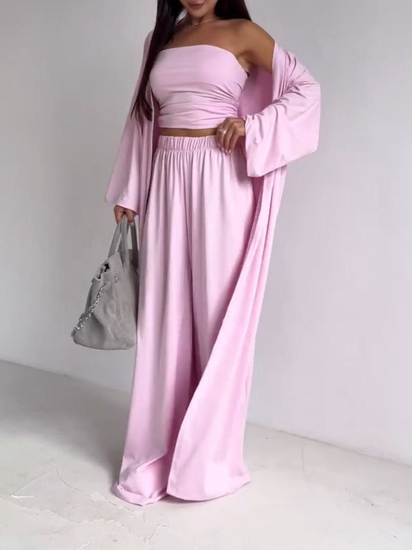 Women Three Piece Tube Top Cardigan and Wide Leg Pants Set