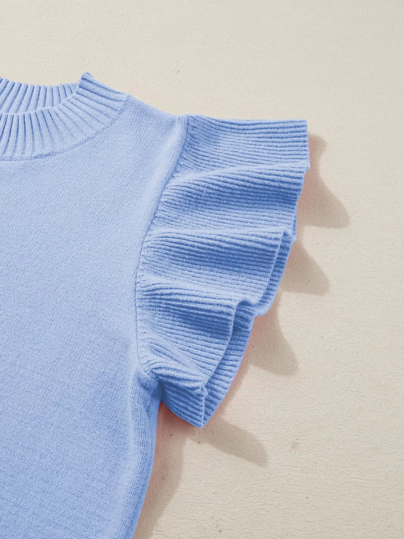 Blue Ribbed Knit Short Sleeve Sweater with Ruffle Trim