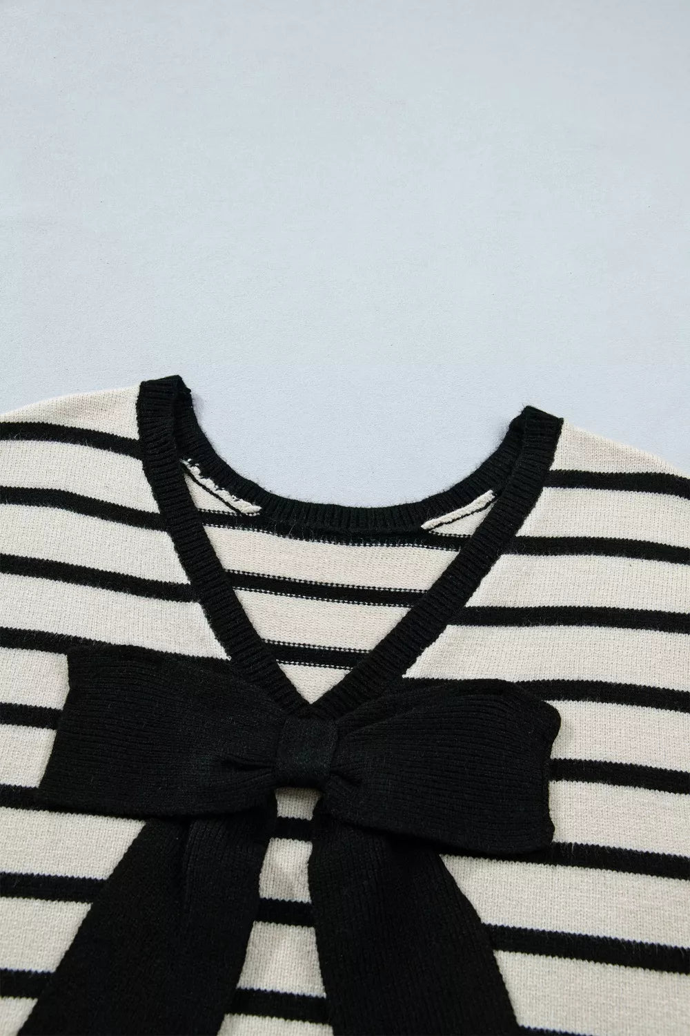 Short Sleeve Striped Sweater with Front Bow Detail