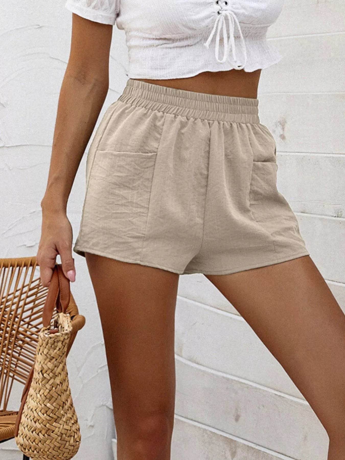 Beige High Waist Elastic Shorts with Front Pockets