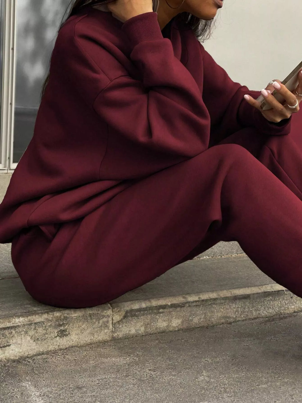 Women's Half Zip Sweatshirt & Pants Set - Grey Knit