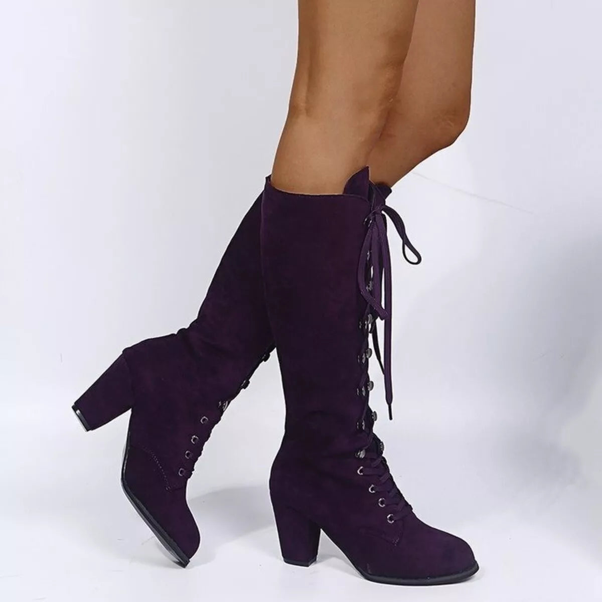 Women's Navy Suede Lace-Up Block Heel Boots