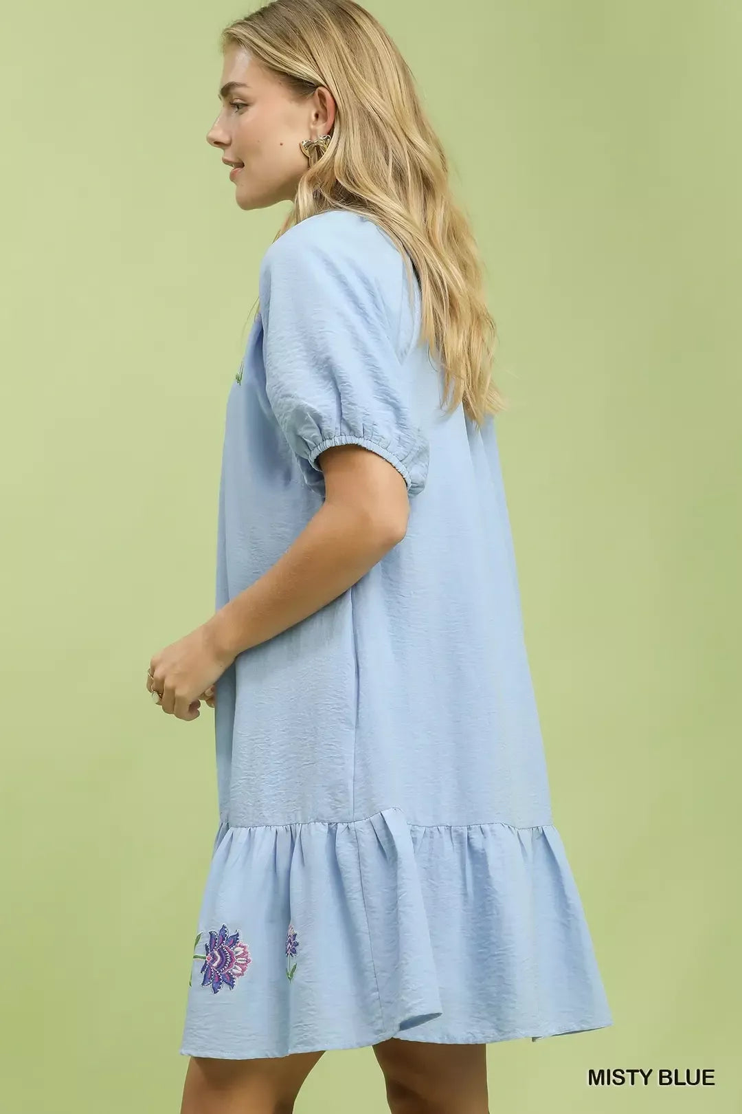 Misty Blue Floral Embroidered Puff Sleeve Babydoll Mini Dress