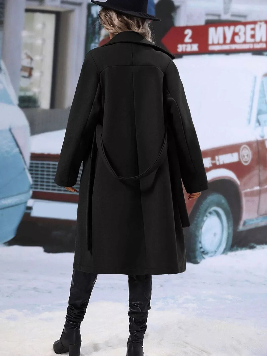 Women's Red Double-Breasted Lapel Collar Belted Long Overcoat