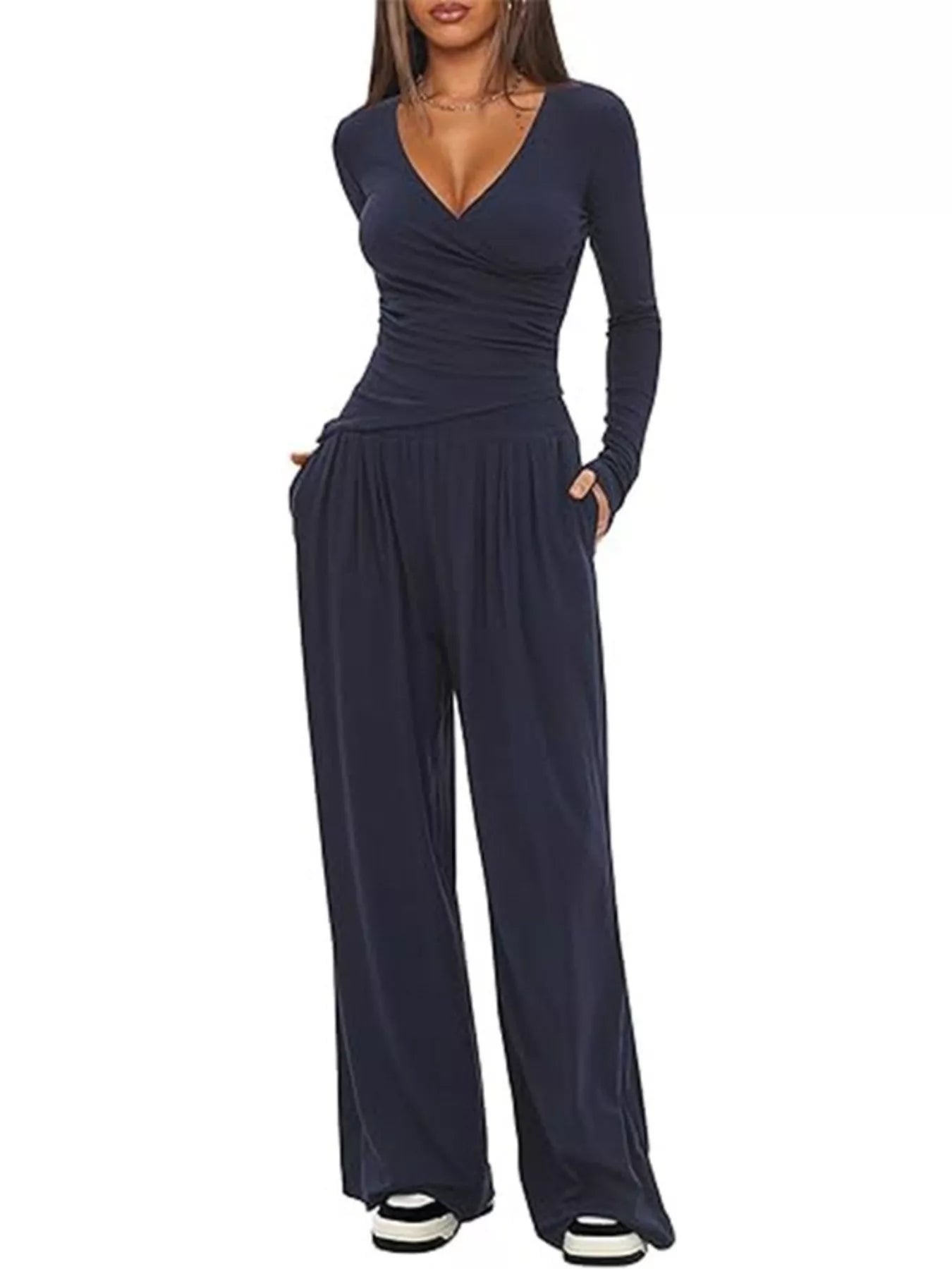 Women's Casual Long Sleeve V-Neck Top and Wide Leg Pants Lounge Set