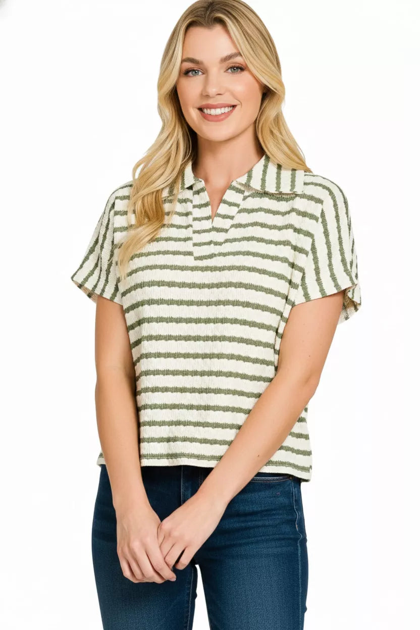 Women's Olive Striped Split Neck Collared Top