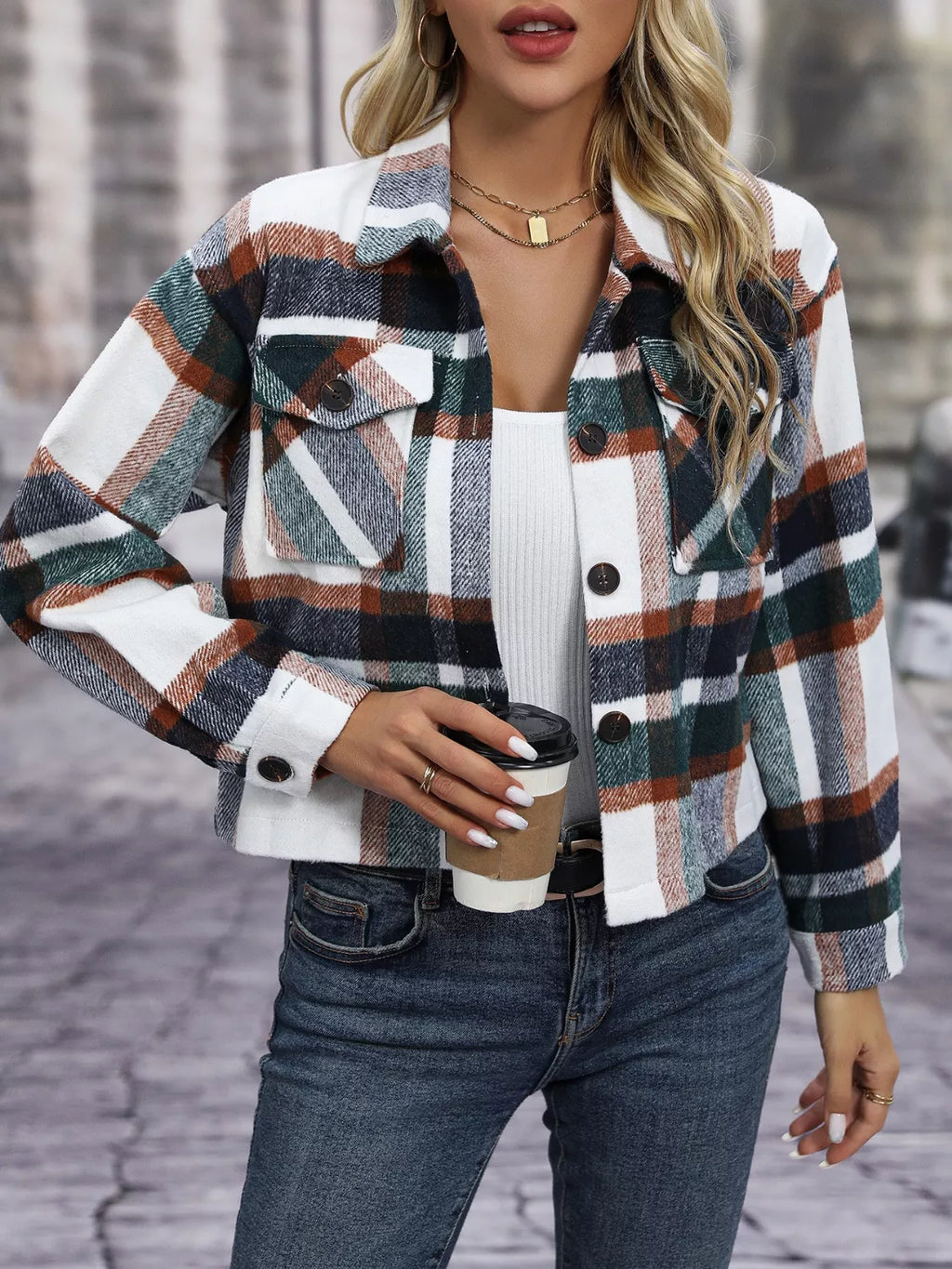 Women's Plaid Button-Up Shacket Casual Long Sleeve Jacket