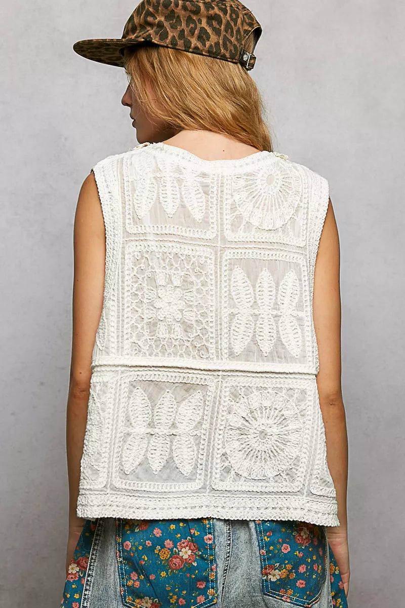Embroidered Floral Crochet V-Neck Vest with Lace Trim