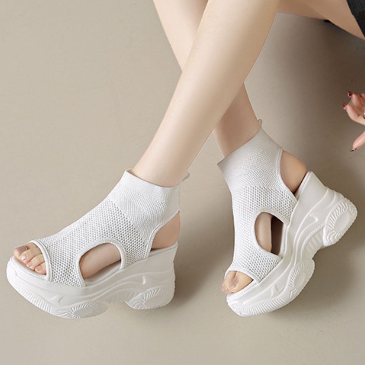 Women's Cutout Mesh Wedge Sandals - White & Black