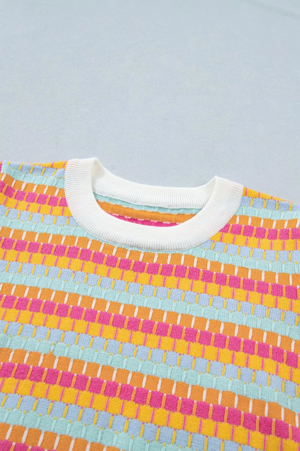 Abstract Striped Knit Short Sleeve Sweater in Multi-Color