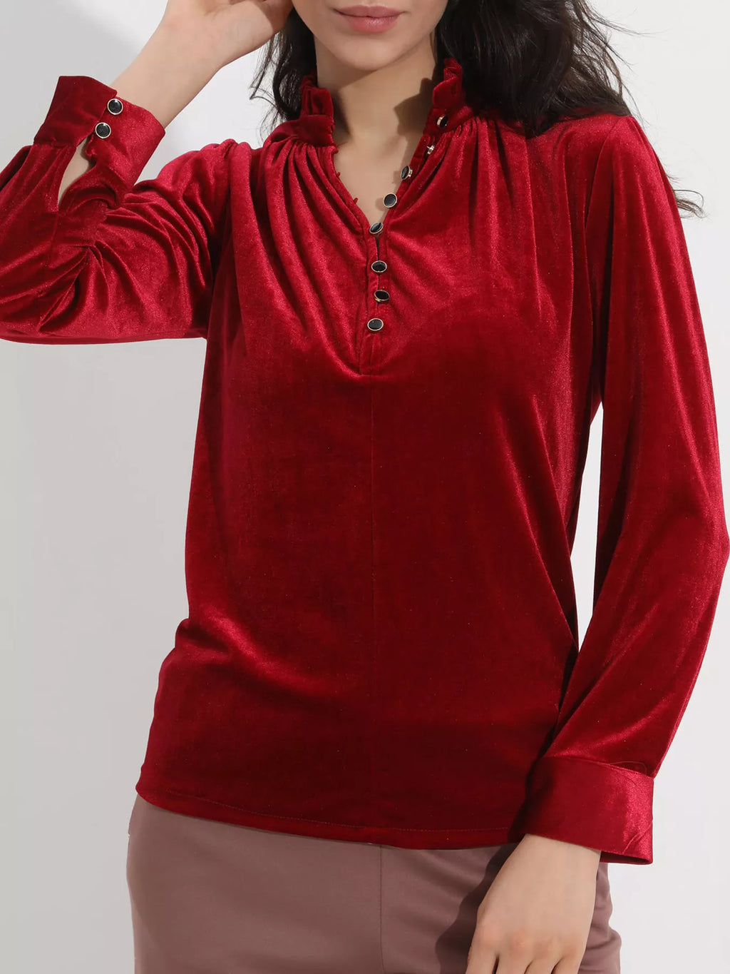 Women Red Velvet Long Sleeve Blouse with Ruffle Neckline