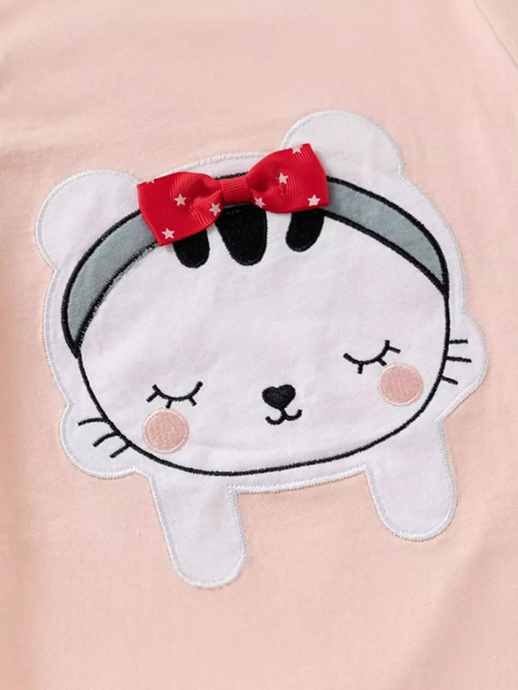Girls Pink Cartoon Cat T-Shirt with Red Bow Graphic