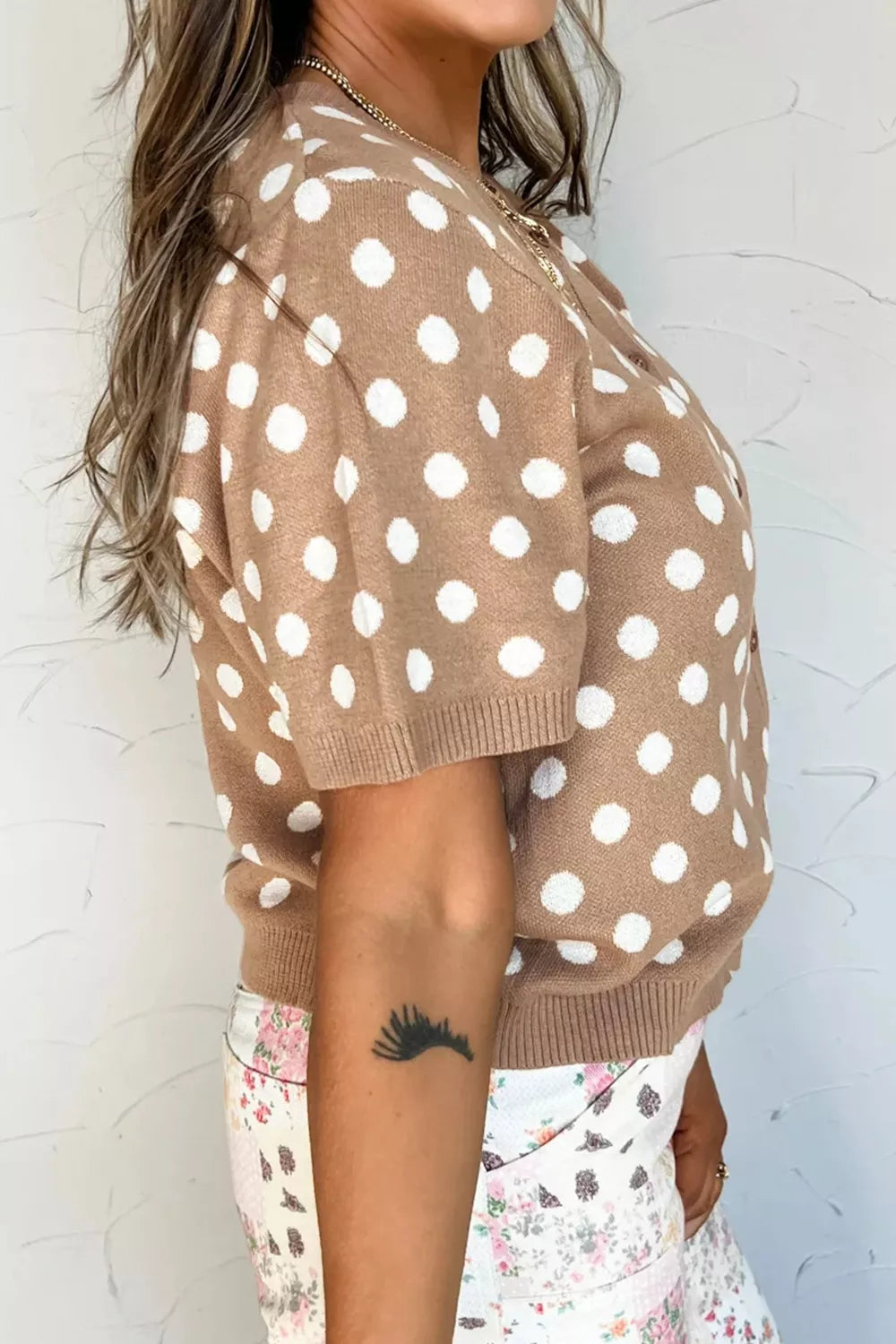 Polka Dot Short Sleeve Button Down Knit Cardigan Sweater
