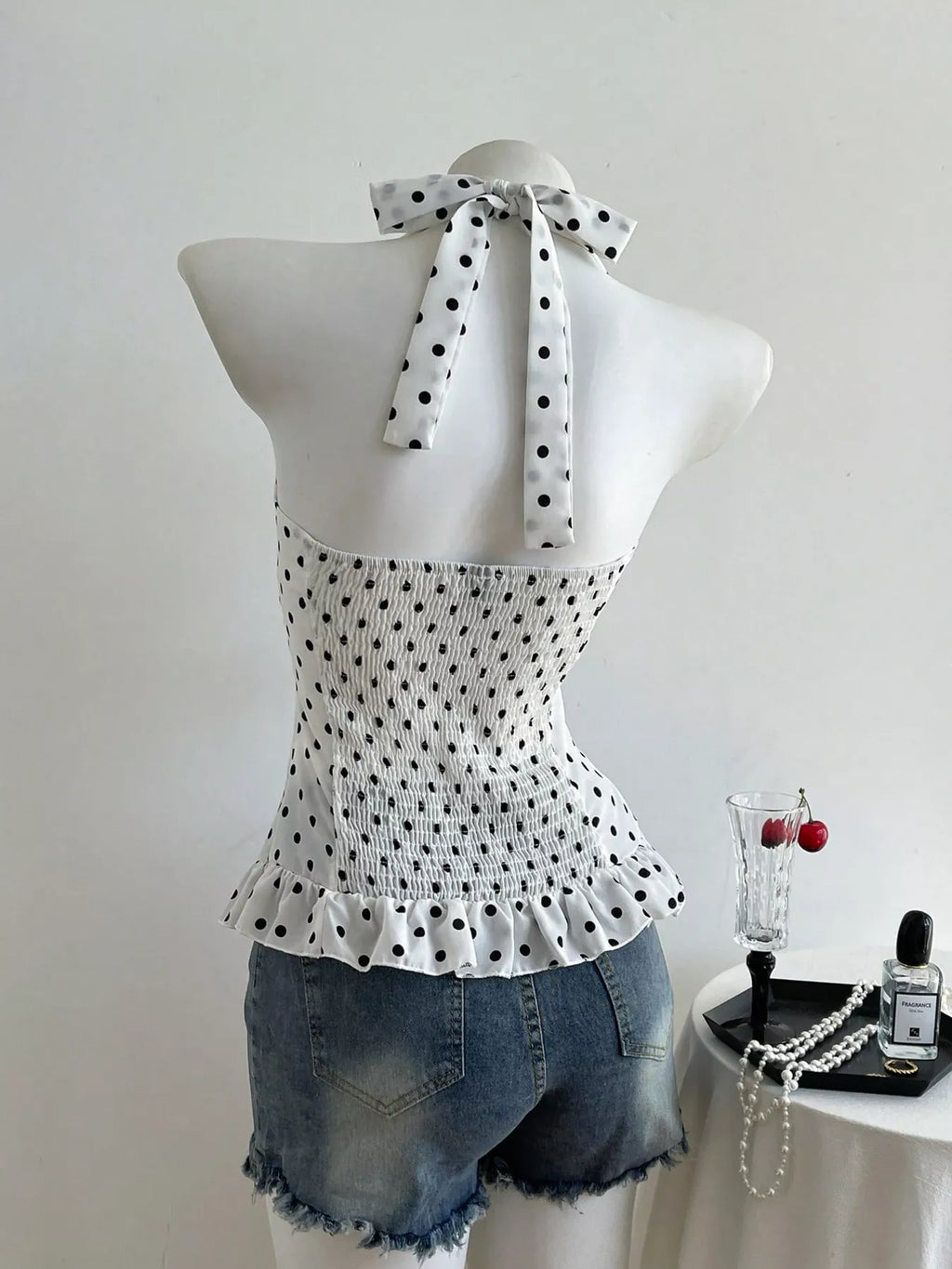 Polka Dot Halter Neck Cami Top with Ruffle Hem