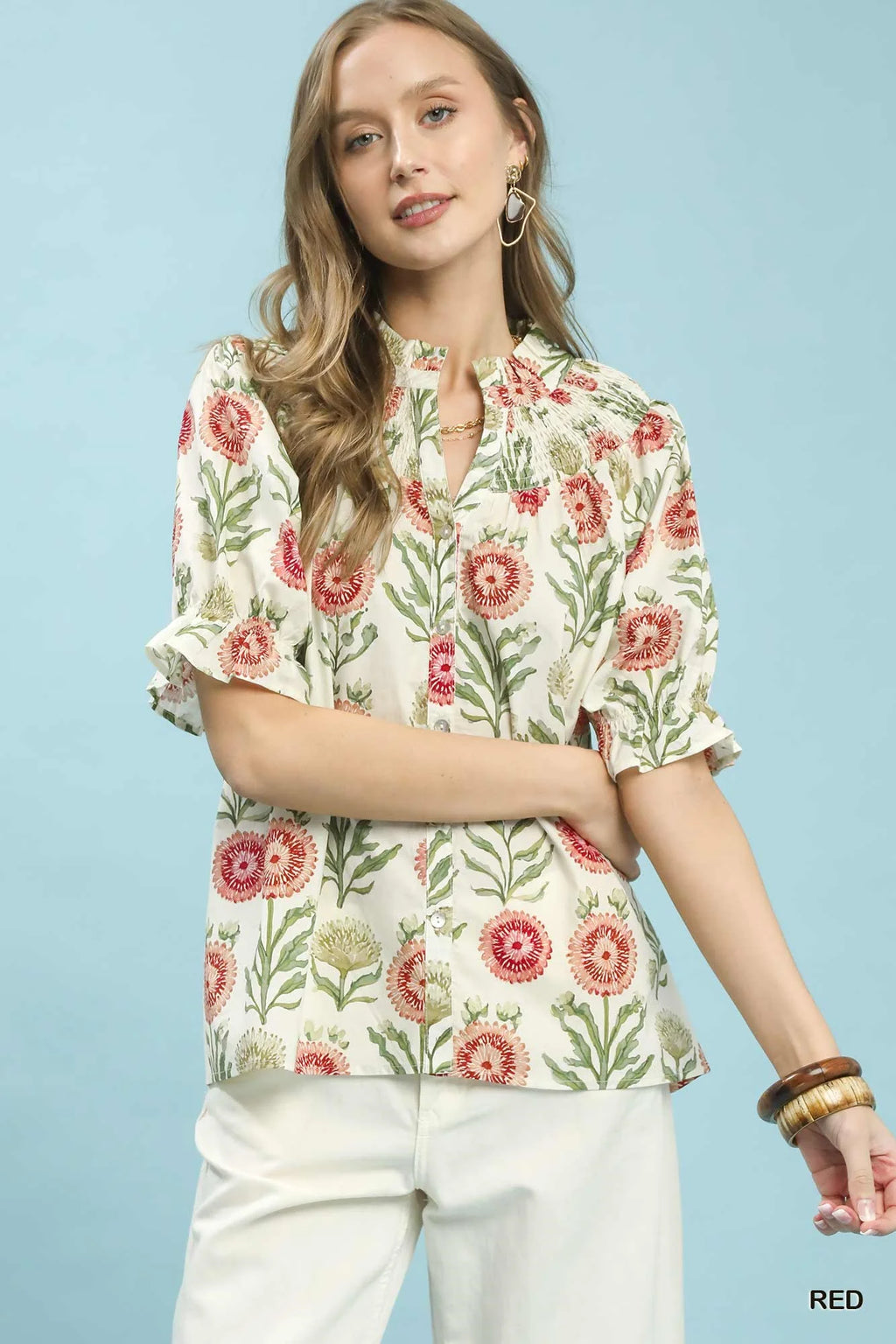 Women's Floral Button-Front Short Sleeve Top
