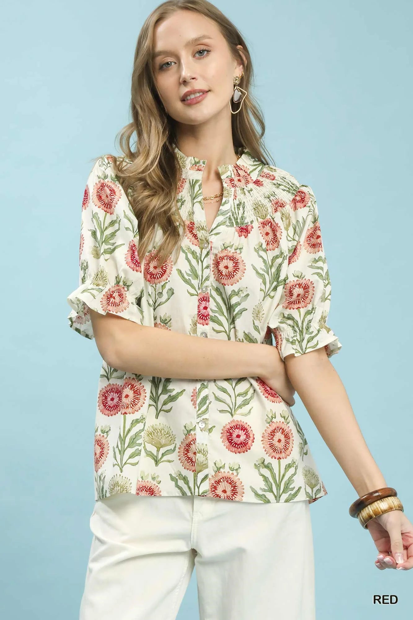 Women's Floral Button-Front Short Sleeve Top