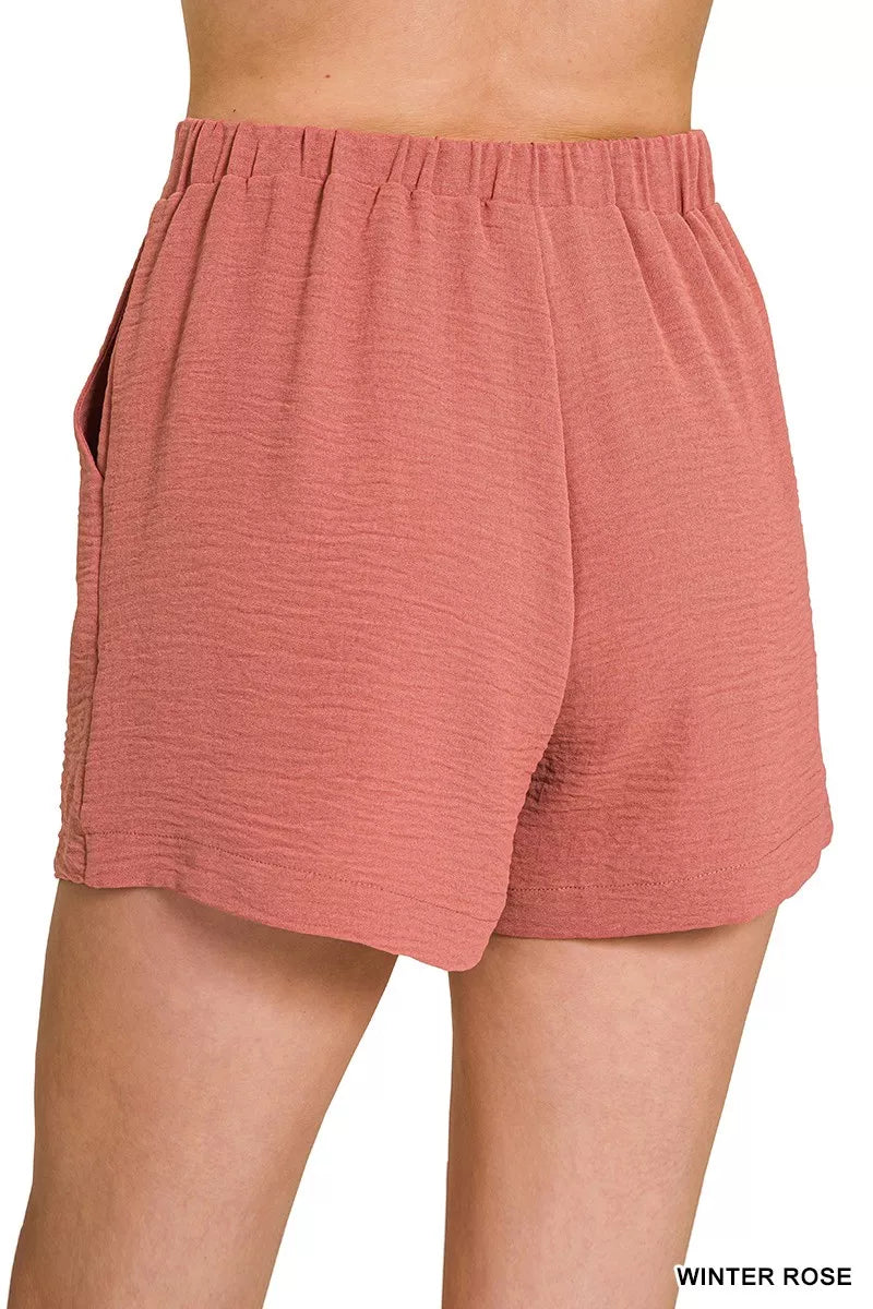 Woven Airflow Elastic Waist Shorts in Winter Rose