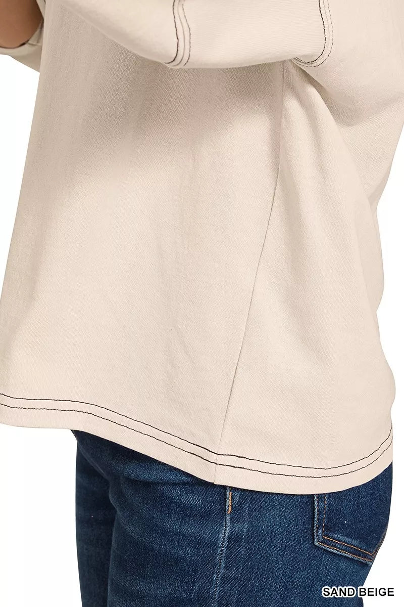 Zenana Balloon Sleeve Top | Cotton Contrast Stitching Tee