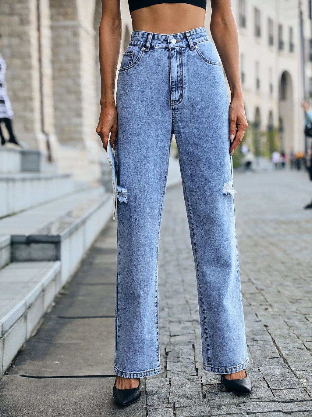 High Waist Distressed Straight Leg Jeans Light Wash