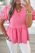 Pink V-Neck Embroidered Puff Sleeve Textured Blouse