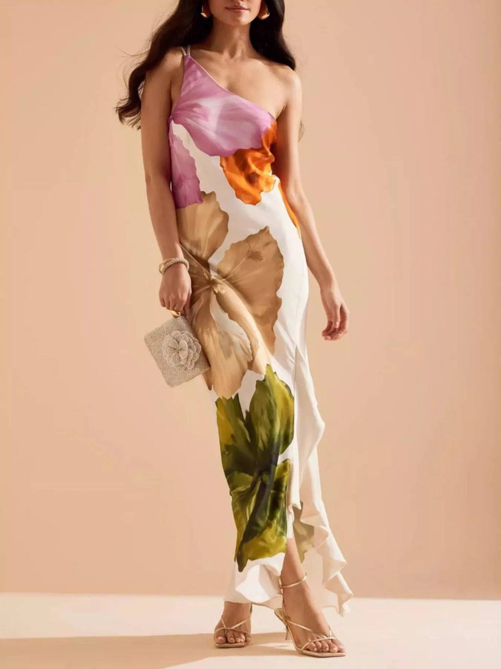 Floral Print One-Shoulder Ruffle Hem Maxi Dress in White Multi
