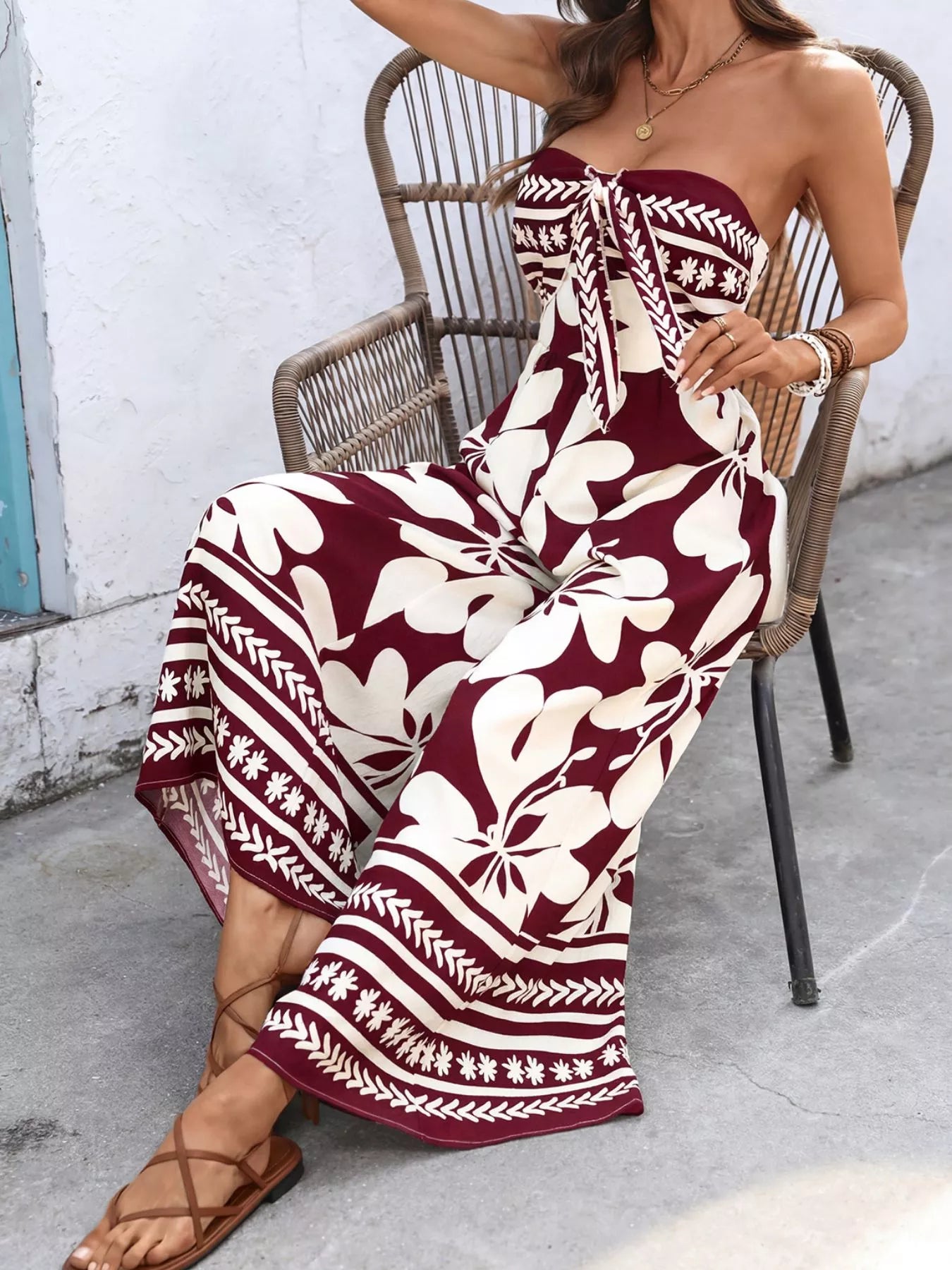 Blue Floral Print Tie Front Strapless Wide Leg Jumpsuit