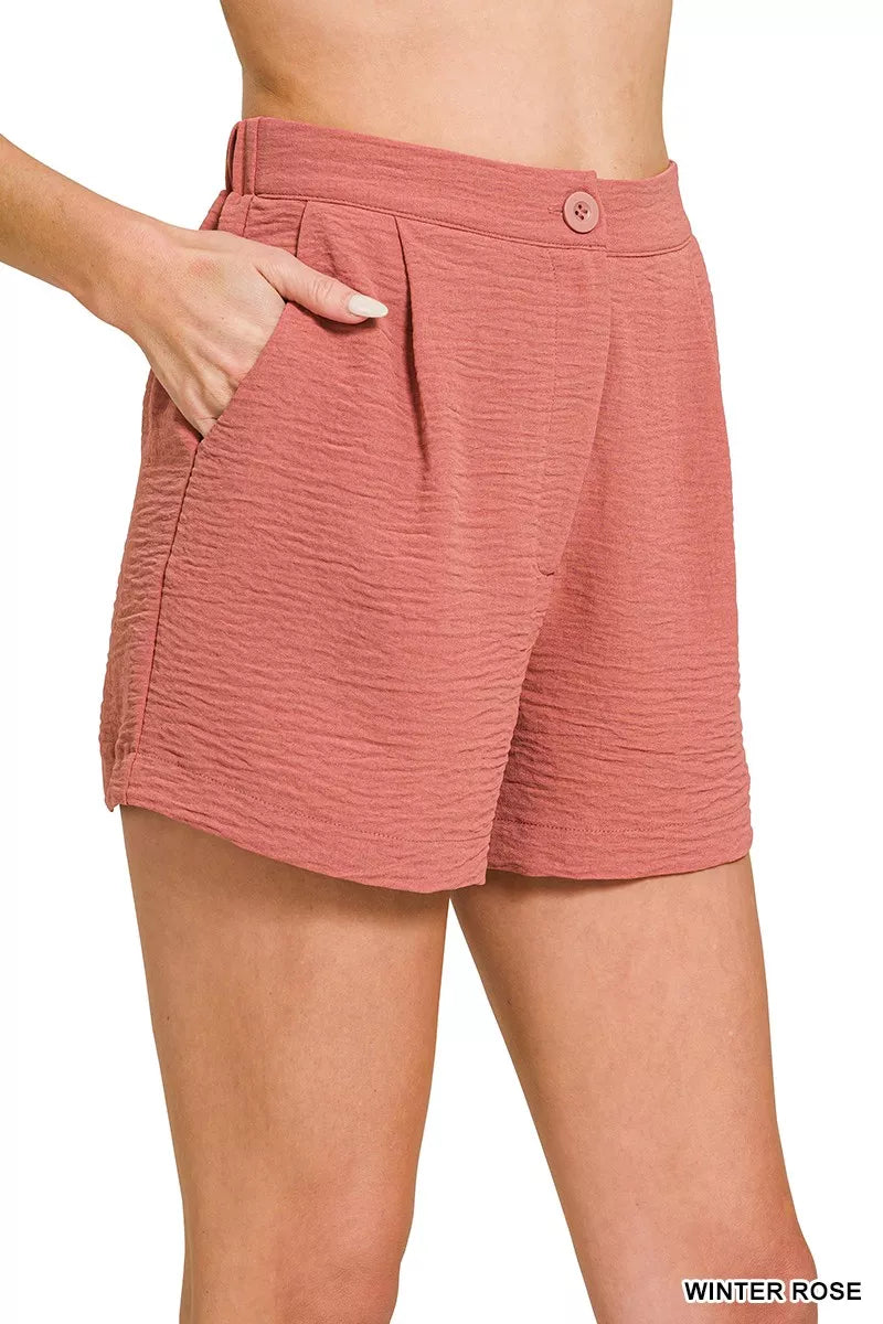 Woven Airflow Elastic Waist Shorts in Winter Rose