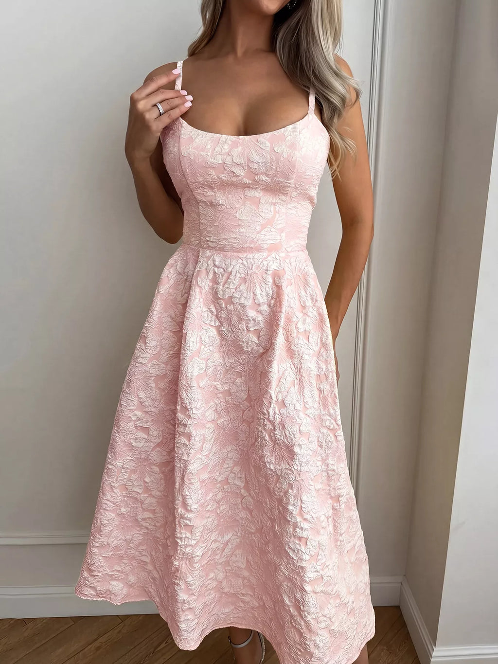 Pink Textured A-Line Midi Dress Sleeveless Formal Party
