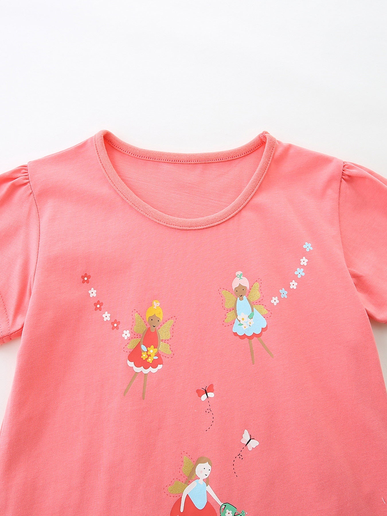 Girls Pink Fairy Print Cotton Short Sleeve T-Shirt