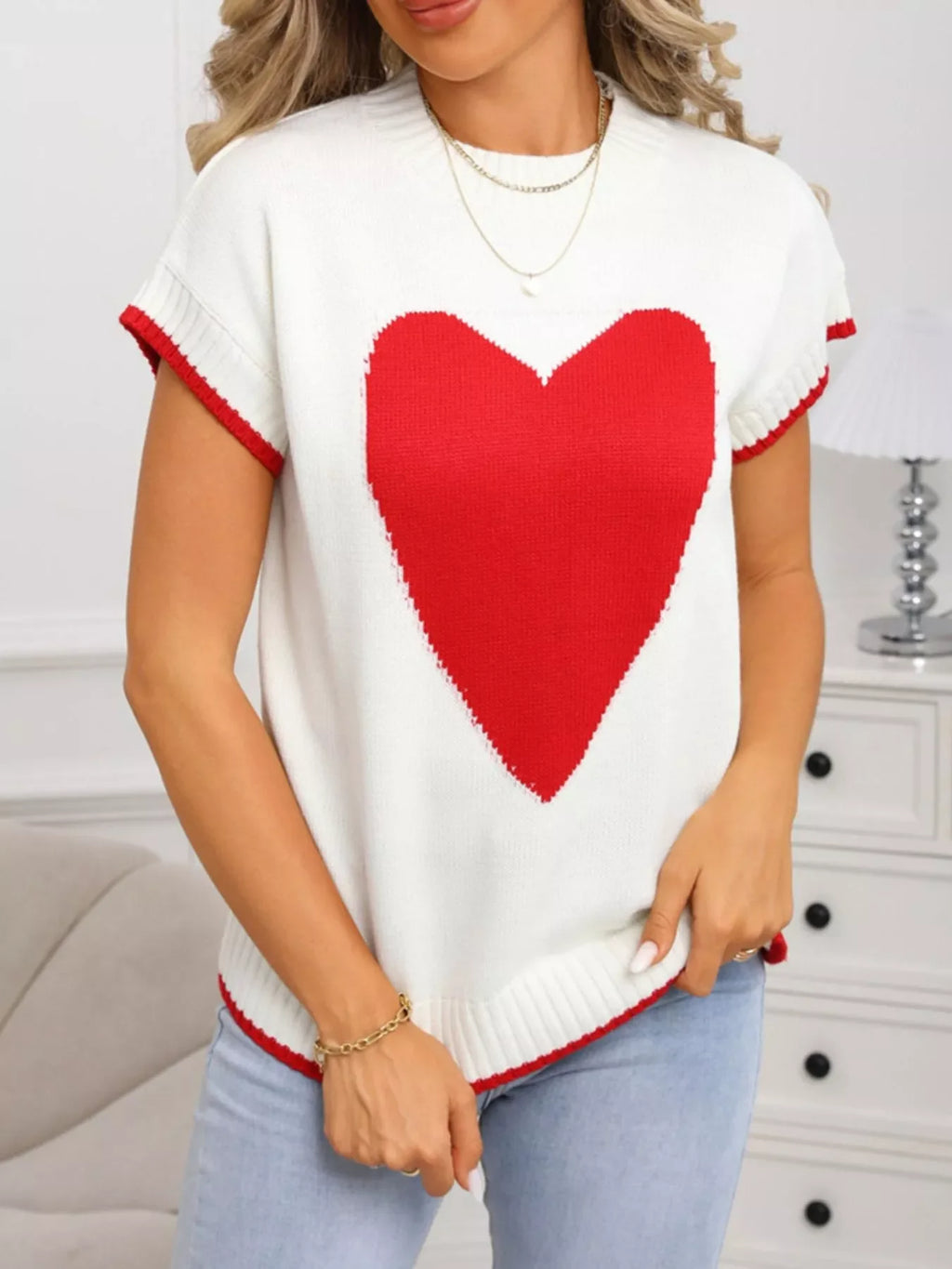 White Short Sleeve Knit Sweater with Red Heart Graphic