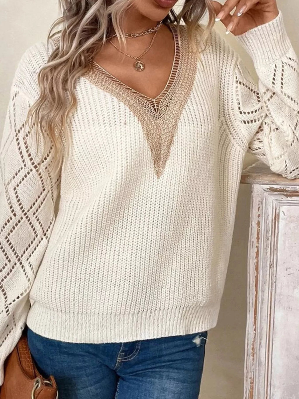 Women's V-Neck Openwork Knit Sweater - Bohemian Casual-Chic Top