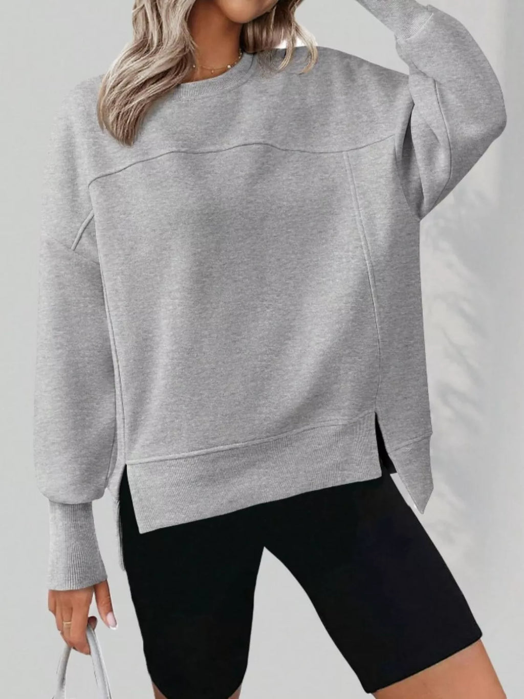Women's Blue Side Slit Pullover Sweatshirt Long Sleeve Top
