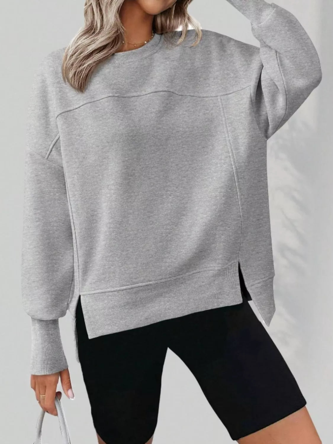 Women's Blue Side Slit Pullover Sweatshirt Long Sleeve Top