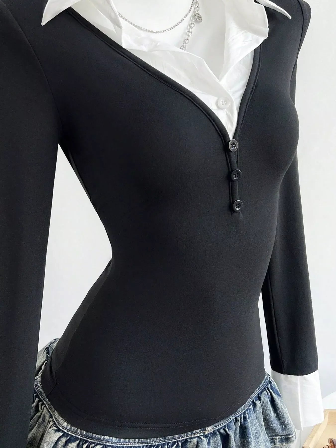Black and White Long Sleeve Slim Fit Buttoned Polo Shirt