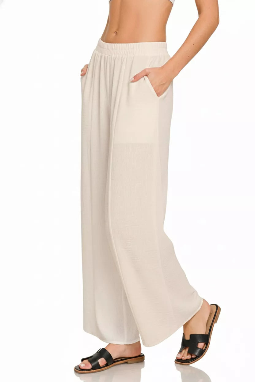 Women's Sand Beige Woven Airflow Wide Leg Elastic Waist Pants