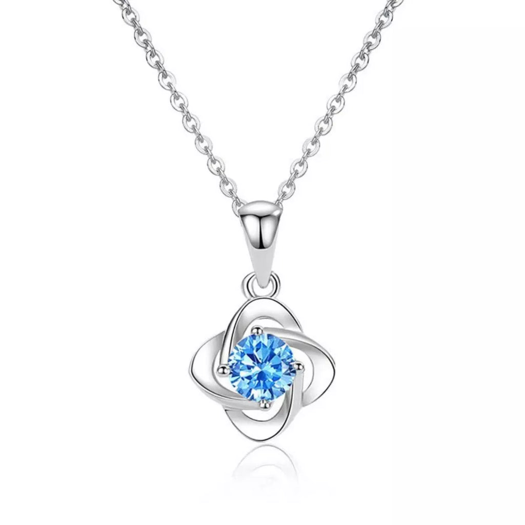 Four-Leaf Clover Pendant Necklace in Silver-Tone with Blue Stone