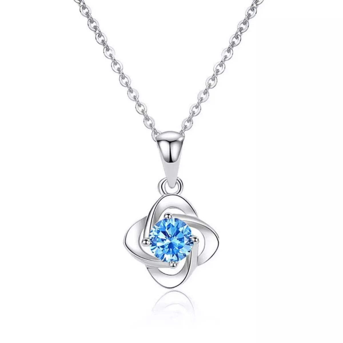 Four-Leaf Clover Pendant Necklace in Silver-Tone with Blue Stone