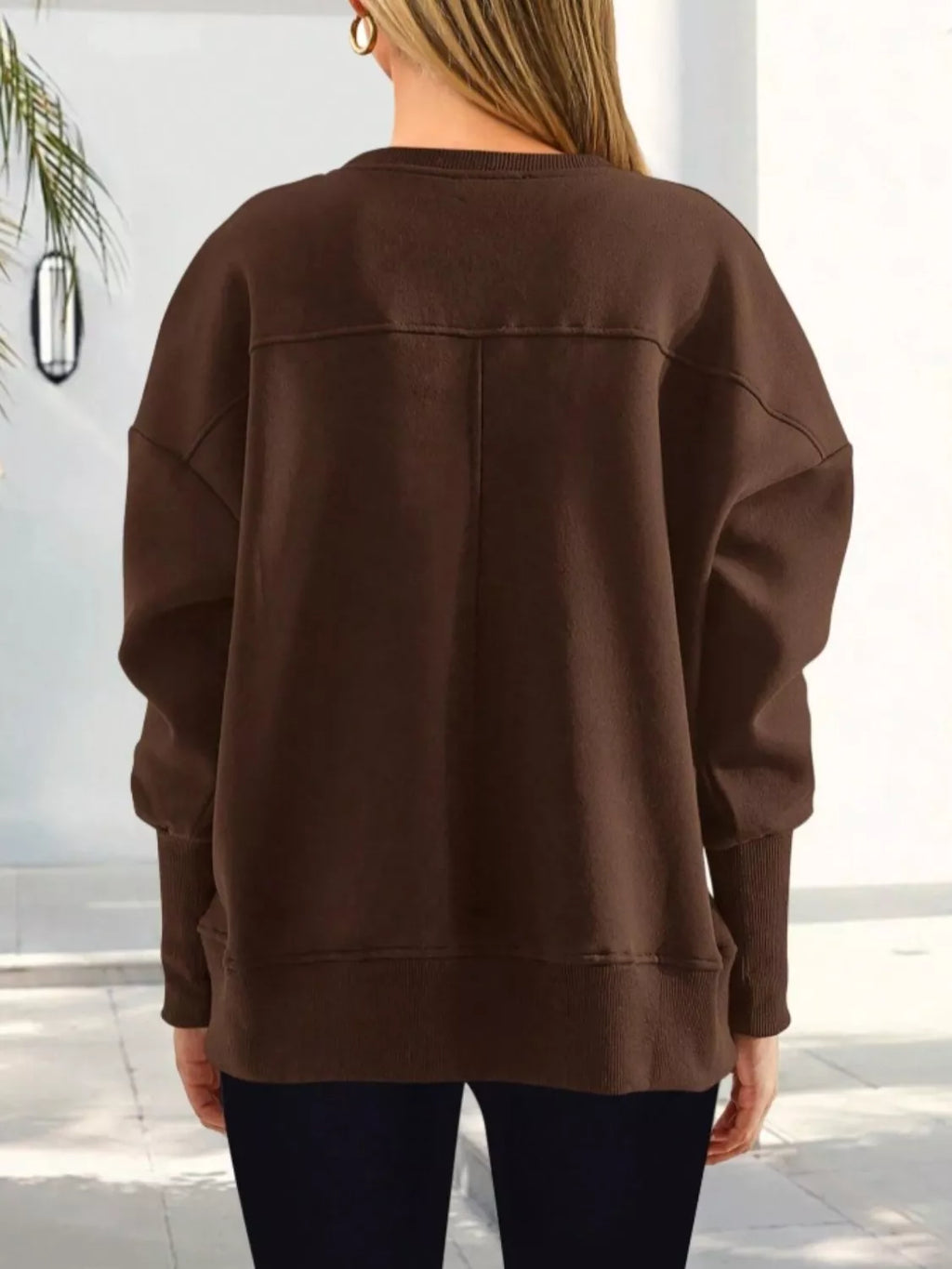 Women's Blue Side Slit Pullover Sweatshirt Long Sleeve Top
