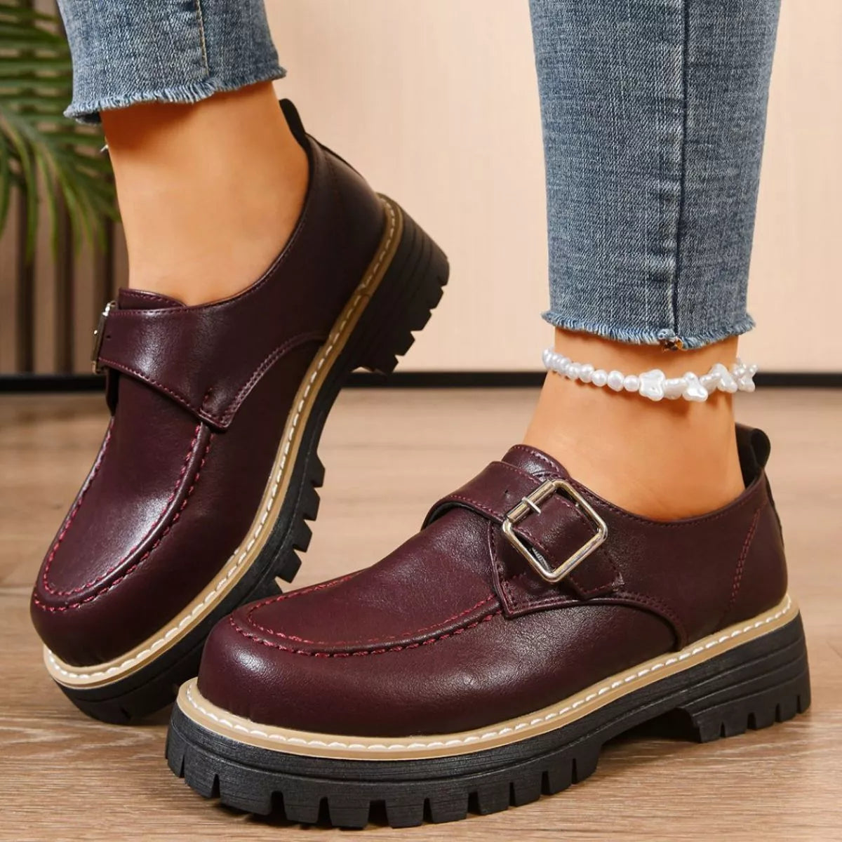 Women's Burgundy Round Toe Buckle Loafers Mid Heel Casual Shoes