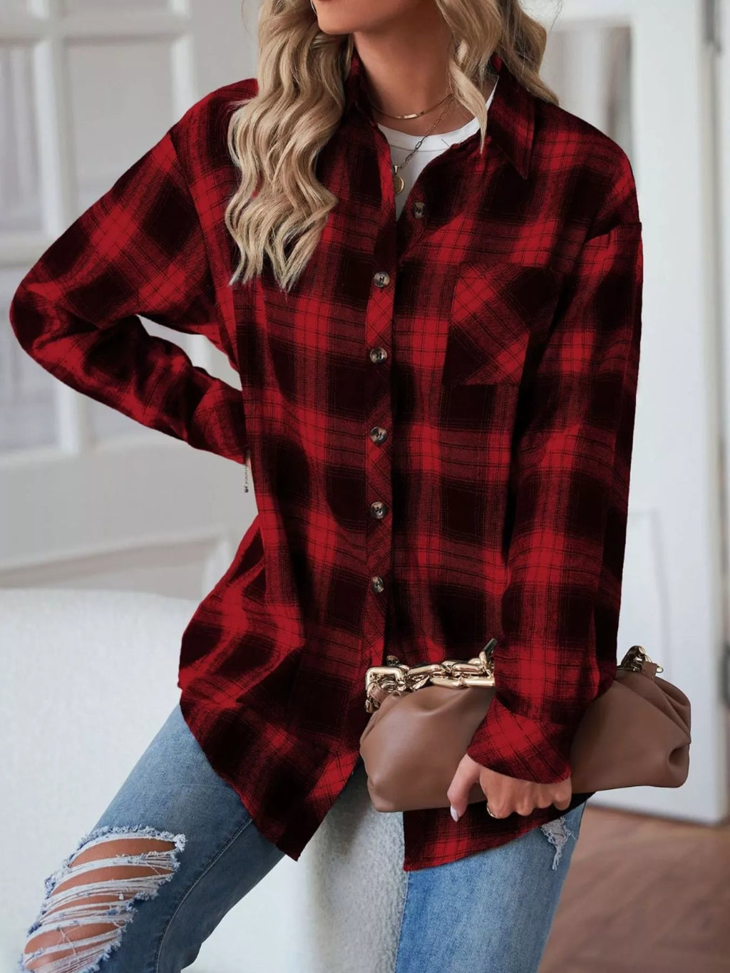 Women's Black and White Plaid Button Up Long Sleeve Shirt