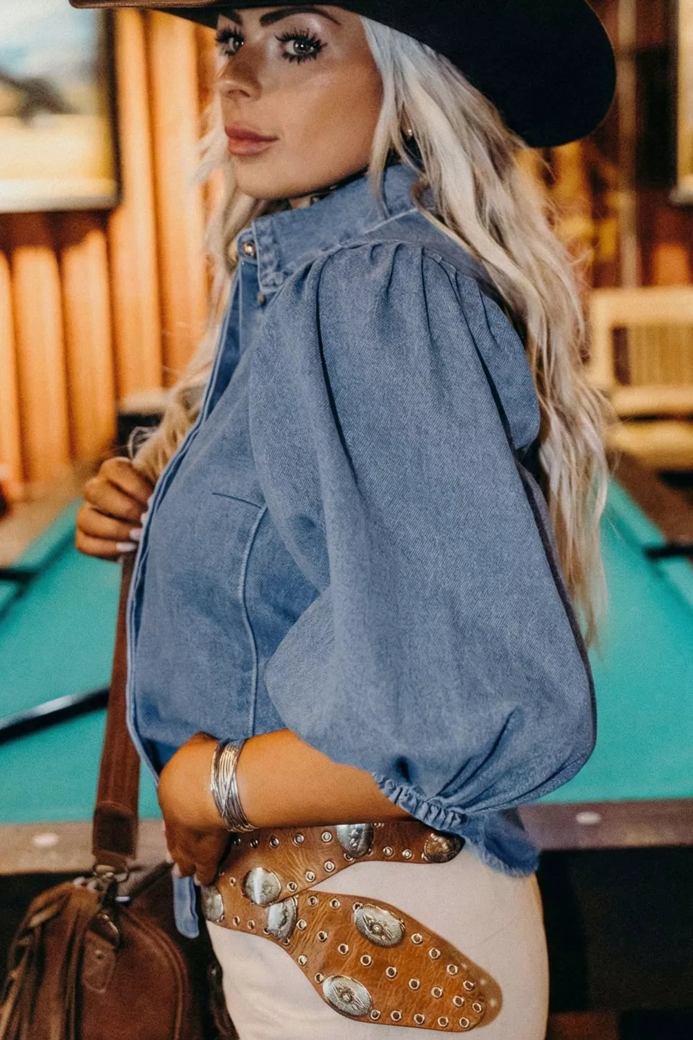 Blue Denim Puff Sleeve Shirt with Collared Button Down Front