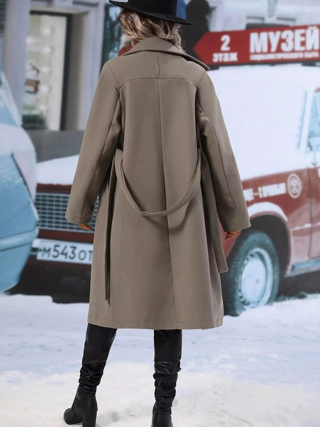 Women's Red Double-Breasted Lapel Collar Belted Long Overcoat