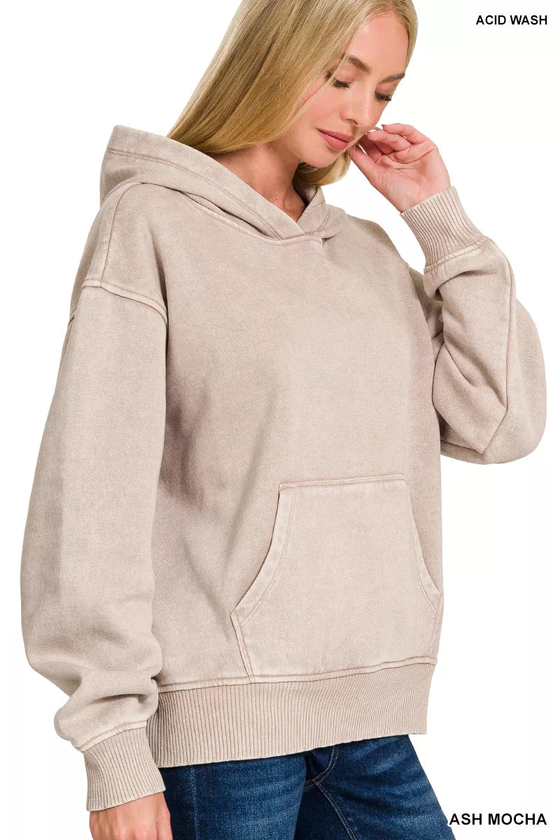Zenana Acid Wash Fleece Hoodie with Kangaroo Pocket