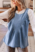 Blue Denim Pleated Patchwork Sleeveless Top for Casual Wear