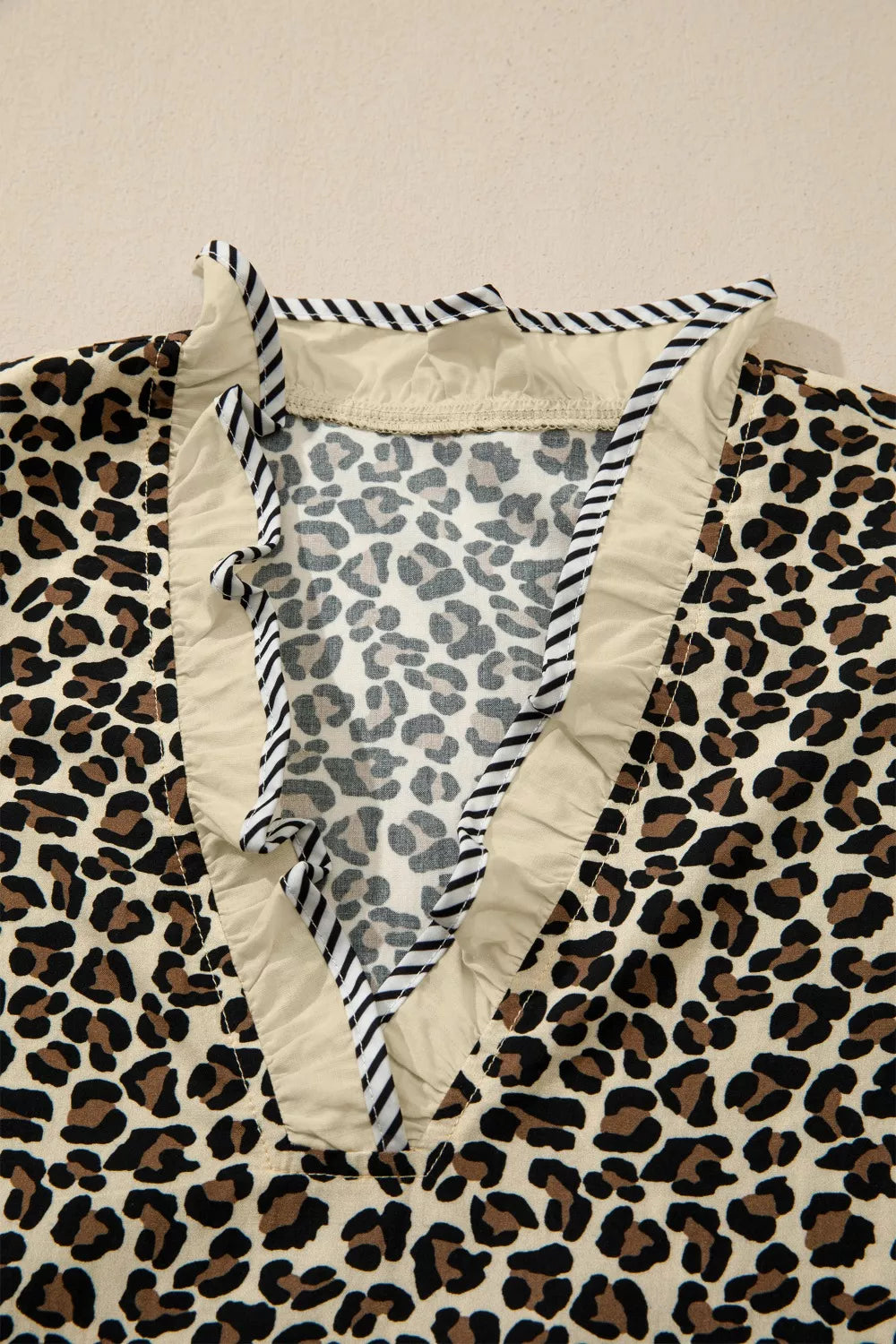 Leopard Print V-Neck Ruffle Trim Mini Dress with Bracelet Sleeves