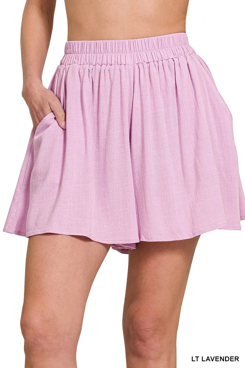 Women's High Rise Woven Elastic Band Casual Shorts in Lavender