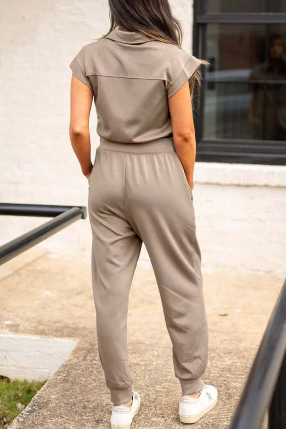 Solid Taupe Zip Front Short Sleeve Collared Jumpsuit